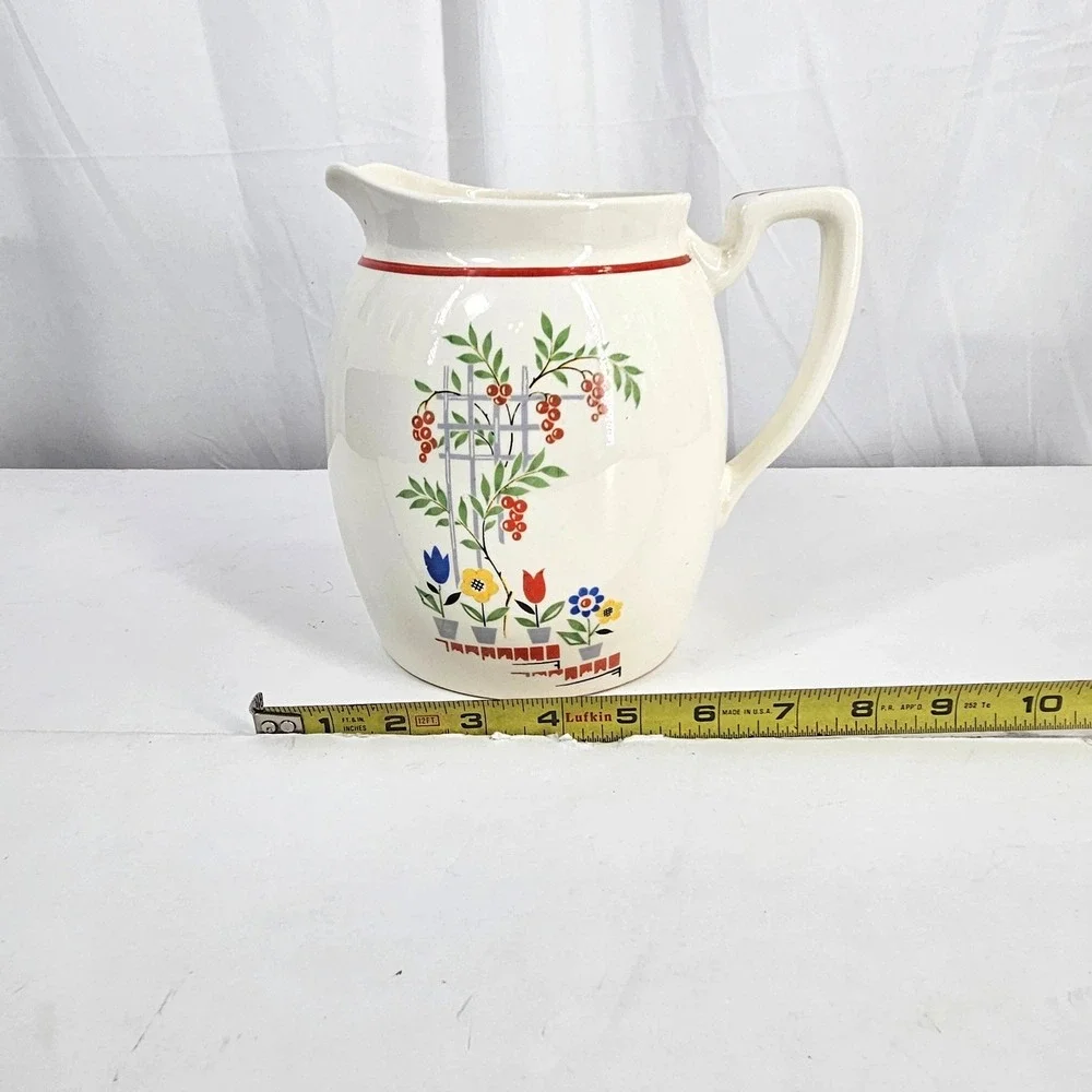 Vintage MCM Floral Trellis Pitcher Ivory Ceramic Water Jug 7